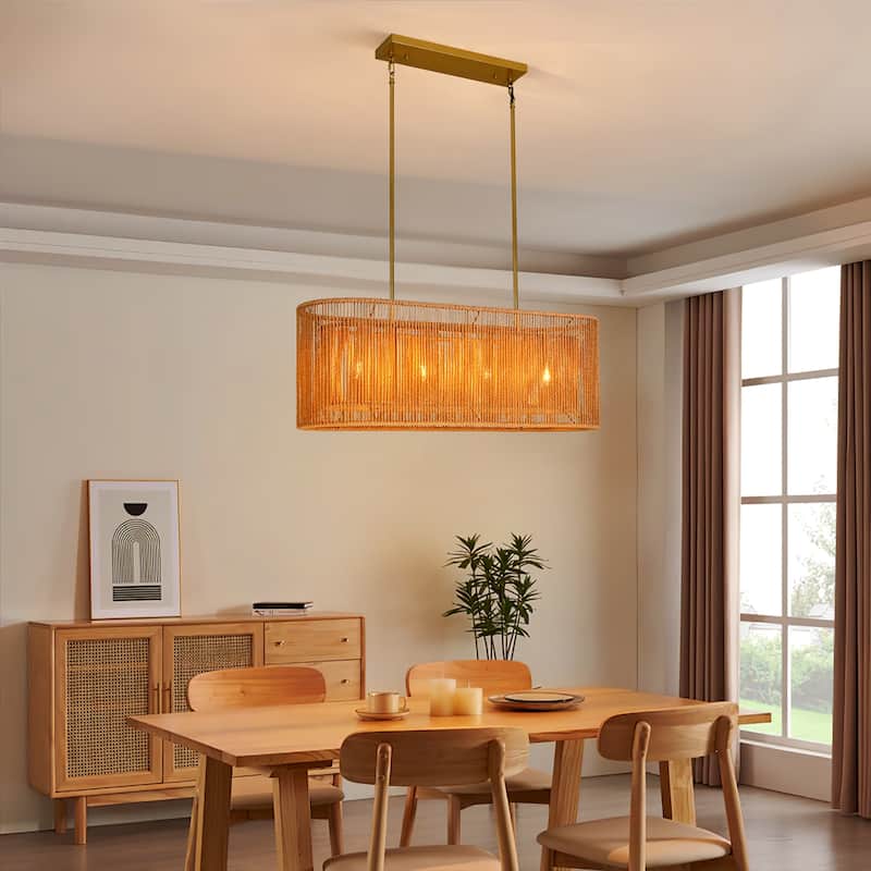Dimmable Natural Rattan Kitchen Island Chandelier Pendant
