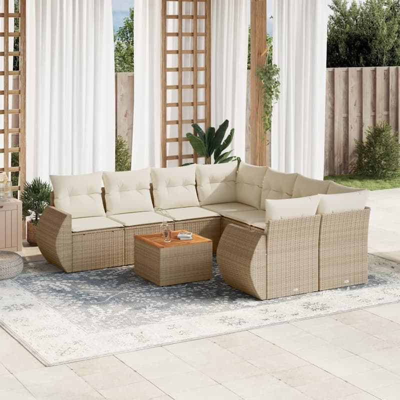 vidaXL Patio Sofa Set with Cushions Outdoor Furniture 9 Piece Poly Rattan - 24.4 x 27.6 x 27.2 - Beige and Cream