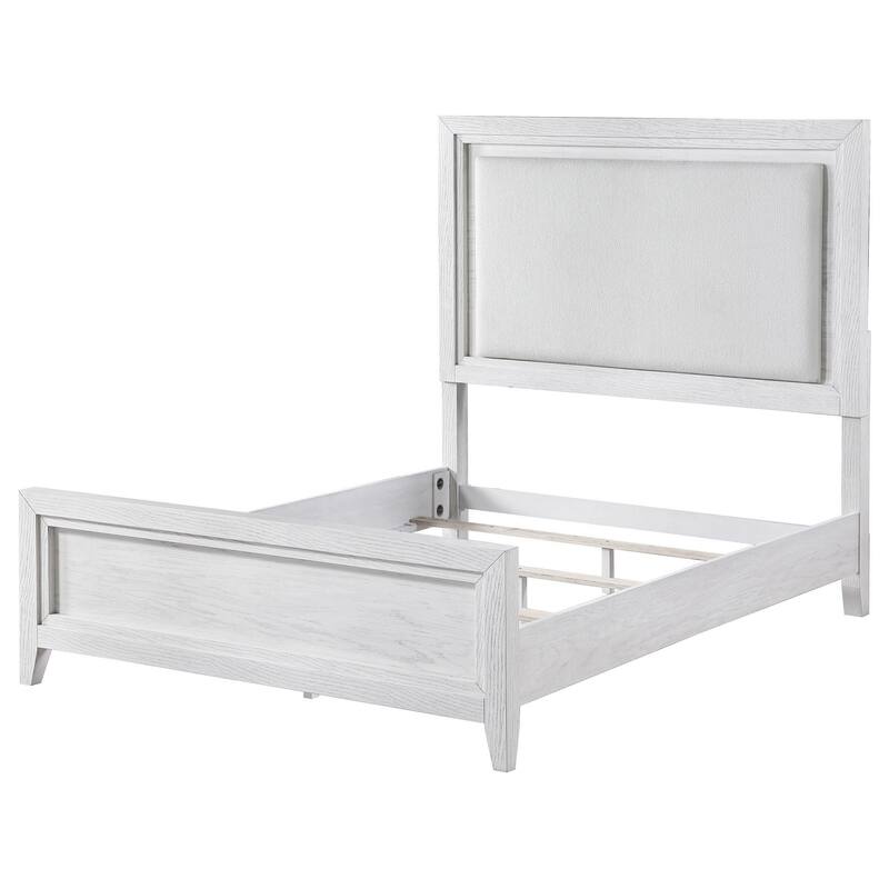 Leva Queen Bed, Upholstered LED Headboard, Modern White Acacia Wood