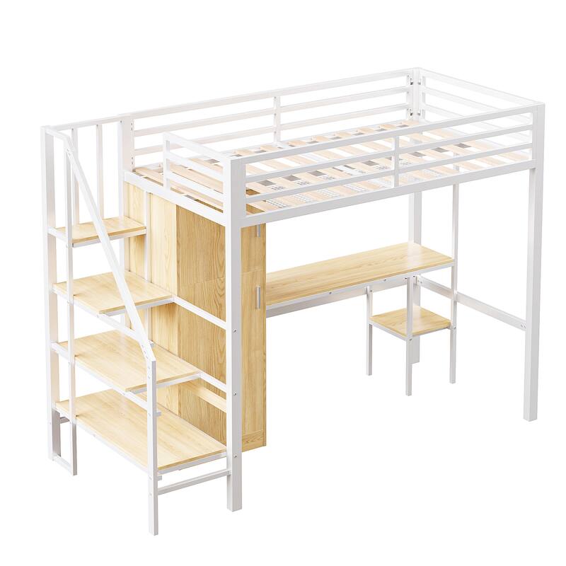 Twin Size Loft Bed with Storage Ladder, Metal Loft Bed Frame with Large Wardrobe & Desk for Teens Kids, No Box Spring Needed
