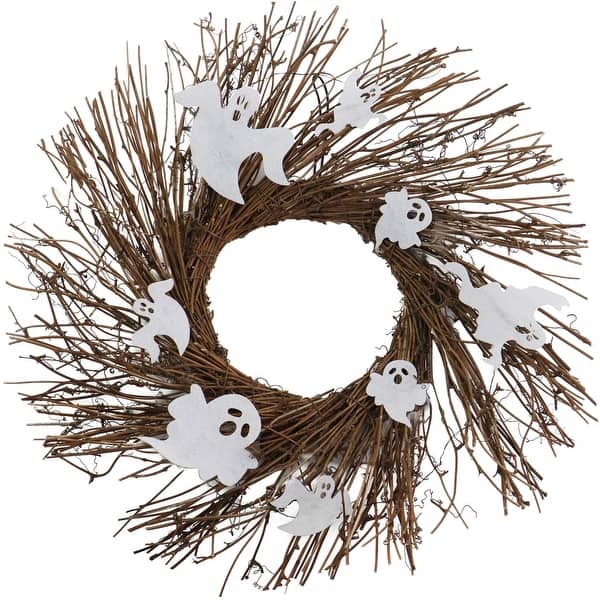 slide 2 of 10, Haunted Hill Farm 20-In. Battery-Operated Natural Twig Wreath with LED Lights and Spooky Ghosts