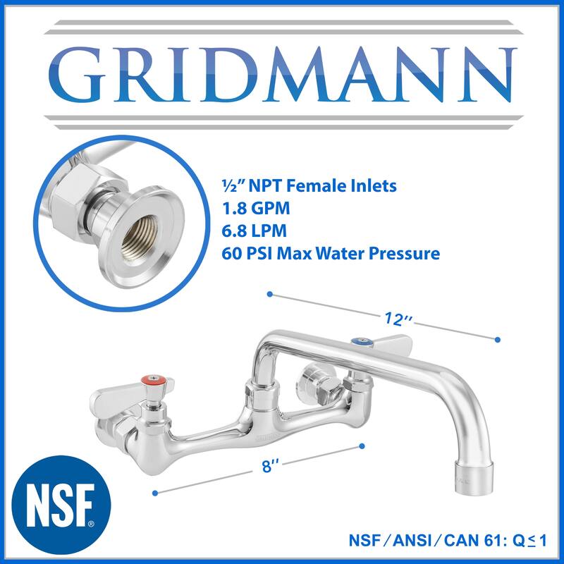 Commercial Wall Mount Sink Faucets 8in Center w Swivel Spouts NSF
