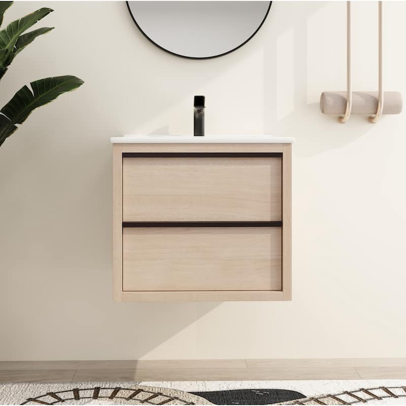 Malwee 24" Floating Bathroom Vanity, Wall Mounted Bathroom Vanity with Ceramic Sink,2 Soft Close Drawers - Colored - 24"×18.3"×21.25" - Beige