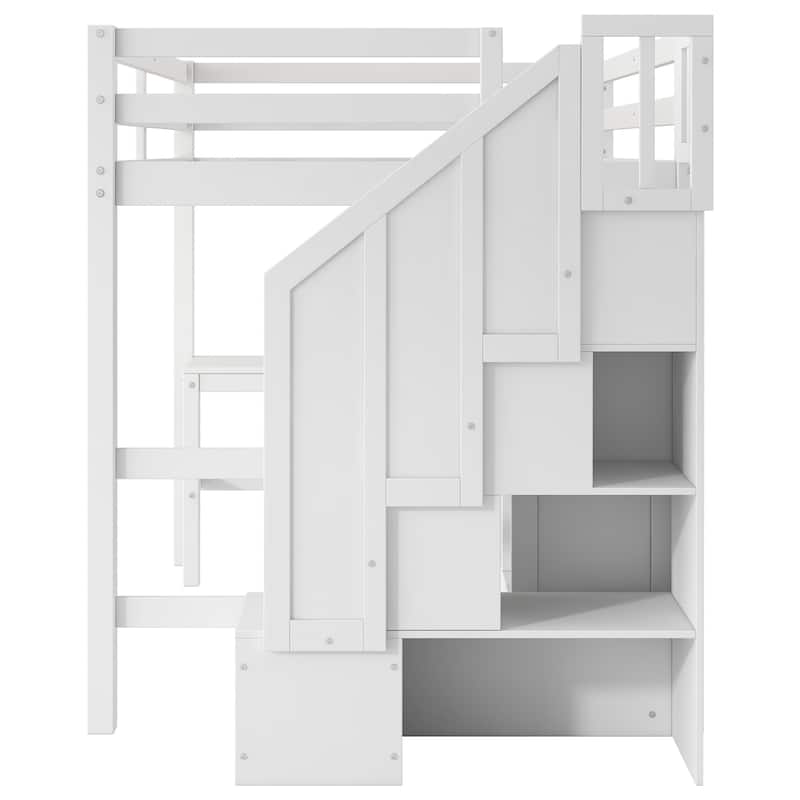 Full Size Loft Bed with L-Shaped Desk, Drawers, Cabinet, and Storage Staircase, White