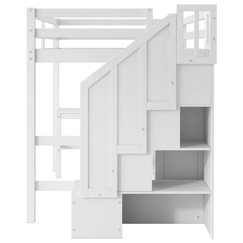 Twin/Full Loft Bed with L-Shaped Desk and Storage Staircase, Multi-Functional Solid Wood Loft Bed Frame with Drawers & Bookcase