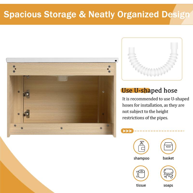 Malwee 28"/40"/52"/68" Floating Bathroom Vanity, Wall Mounted Bathroom Vanity with Ceramic Sink,Soft Close Door and Shelf