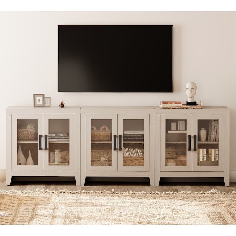 WAMPAT Modern Farmhouse TV Stand, Entertainment Center with Tempered Glass Doors & Adjustable Shelves - 95 inches in width - Beige
