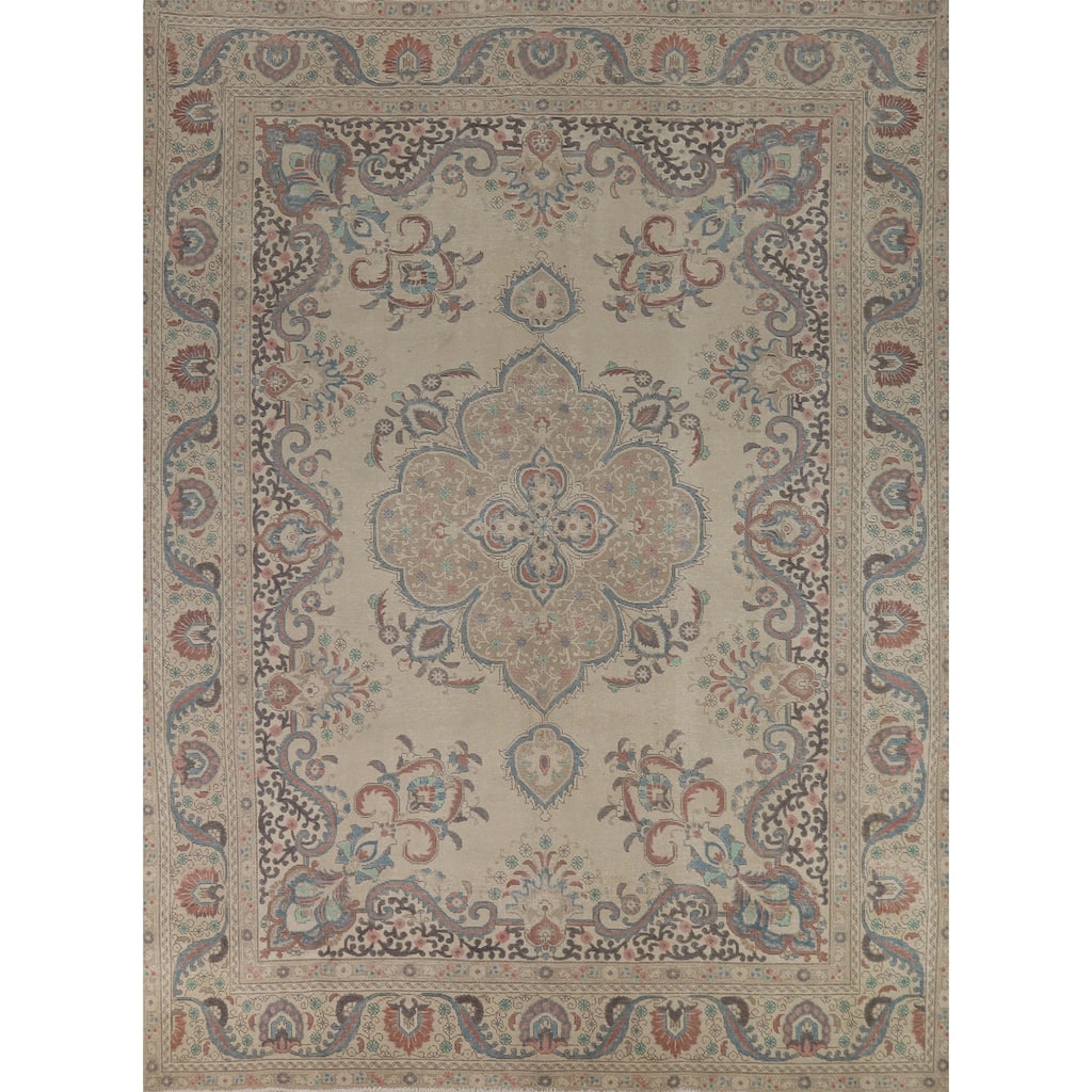 Medallion Tabriz Persian Area Rug Beige Hand-Knotted Wool Carpet - 9'5"x 12'3"