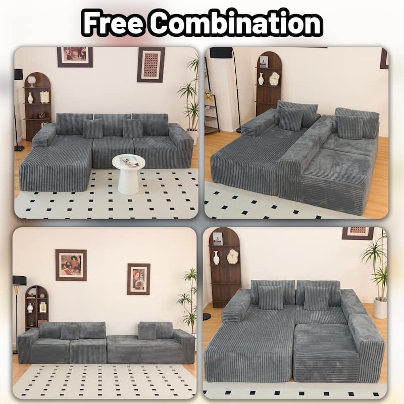 Modular Sectional Sofa with L-Shape Chaise, Full-Compressed Boneless Cloud Sofa, Corduroy Upholstered 3 Seater Sofa