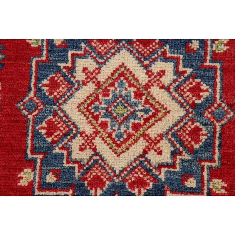 Geometric Red Kazak Foyer Rug Hand-Knotted Traditional Wool Carpet - 2'8" x 4'1"