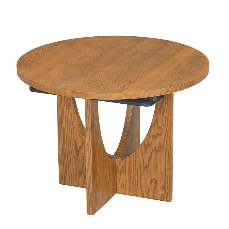 5 Piece Functional Dining Set, Wood Extendable Round Dining Table Set with Removable Leaf and 4 Upholstered Chairs