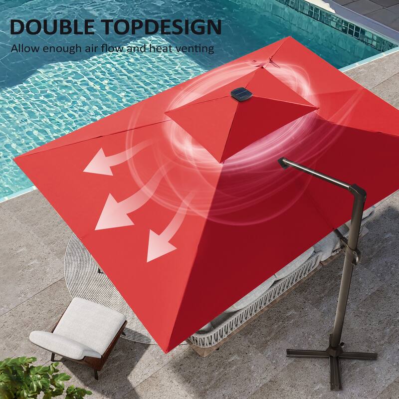 9 X 11 FT Outdoor Patio Cantilever Umbrella with Solar Lights All-Weather Wheeled Base Double Canopy 360 Rotation Tilt