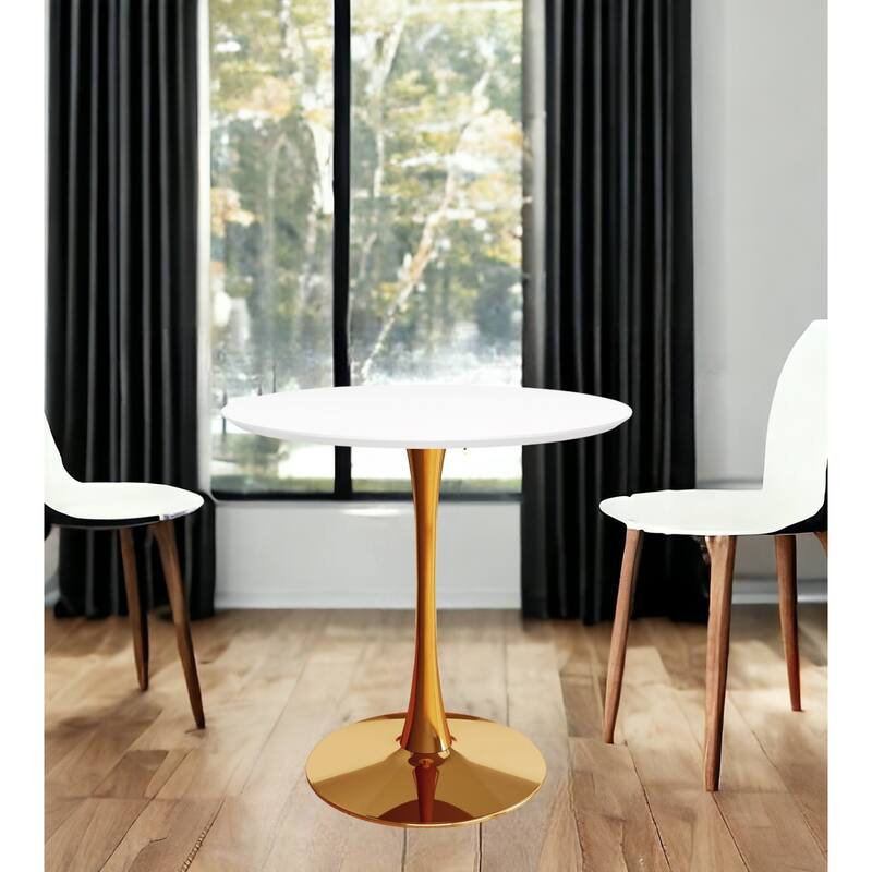 White Wood and Gold Metal Round Dining Table Pedestal Base Gloss Finish Seats 4 - 36" D x 36" W x 29" H