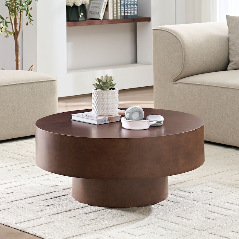 31.49" Round Coffee Table with Burl Wood Veneer, Sturdy Pedestal for Living Room, Modern Low Center Table Accent Cocktail Table