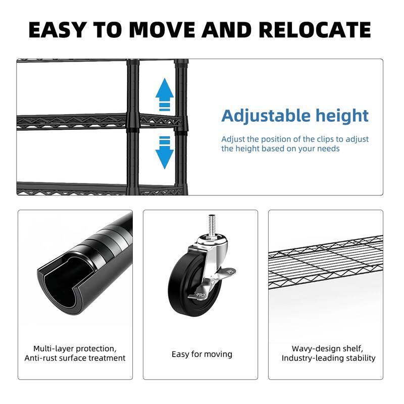 Heavy Duty Rolling Garment Rack 3 Tiers Adjustable Wire Shelving Clothes Rack with 2 Rods and Side Hooks