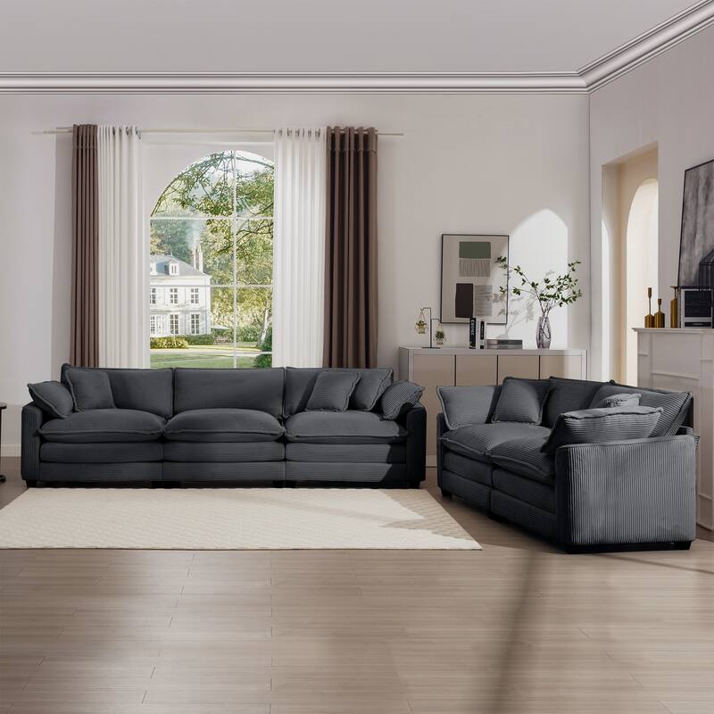 Corduroy Fabric Deep Seat Sofas Set with Throw Pillows, 3+2 Seater Flexible Combinations Sofa with Removable Armrests