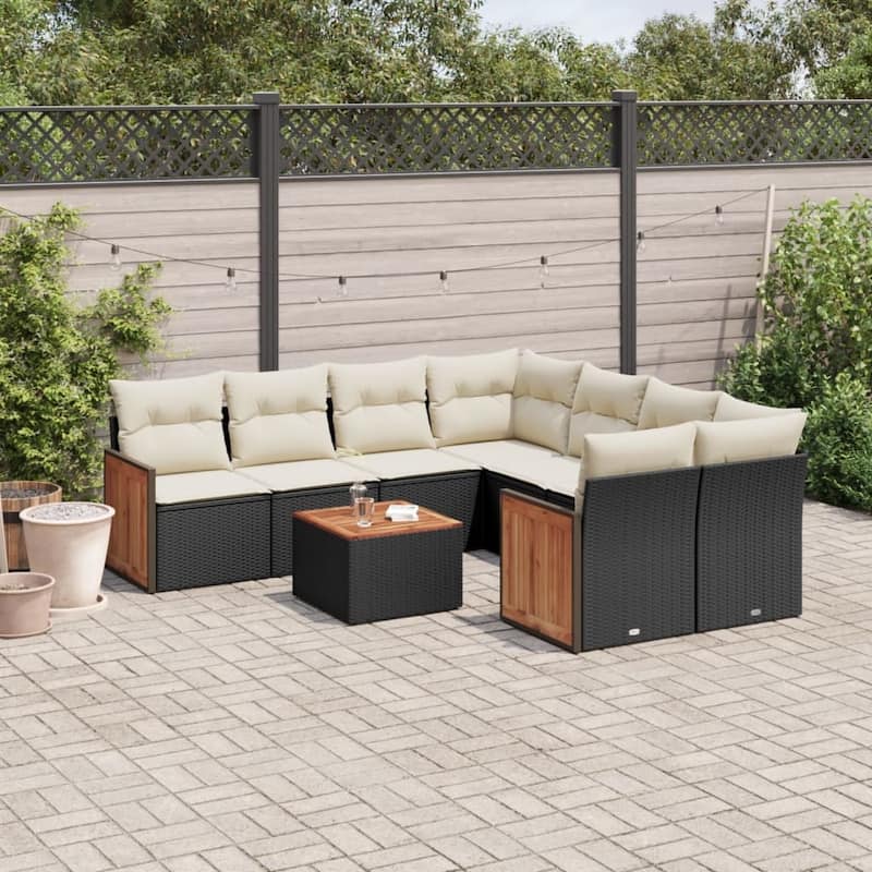 vidaXL Patio Sofa Set with Cushions Outdoor Furniture 9 Piece Poly Rattan - Black and Cream - 24.4 x 24.4 x 27.2