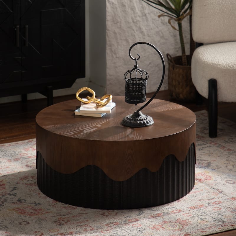 30.31" Round Coffee Table Handcrafted Relief Sturdy Pedestal Wooden Tea Table for Living Room no need to Assemble