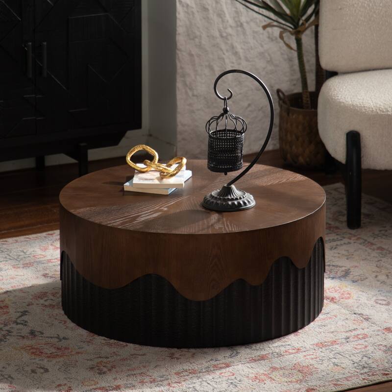 Wood Coffee Table with Bark Texture, Round Accent Table Tea Table, Handcrafted Side Table Sofa Table - Black,Walnut