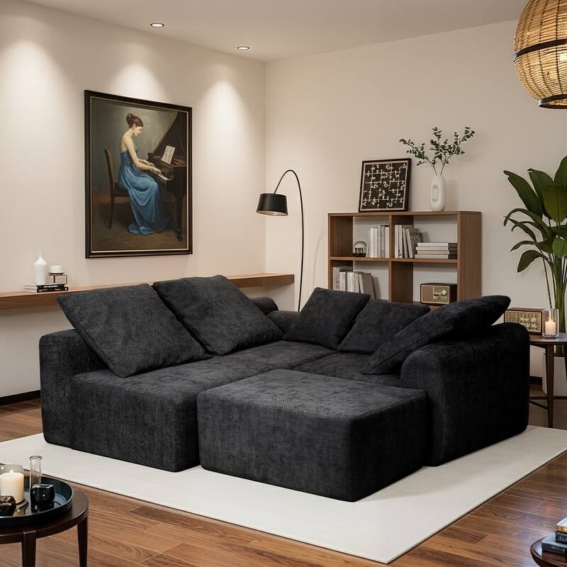 L-Shaped Modular Sectional Sofa with Ottoman, Melange Chenille Fabric Cloud Sofa, Upholstered 4 Seat Sofa with Pillows