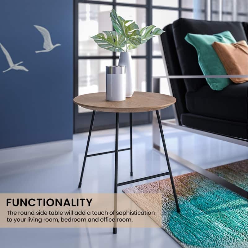 Rossmore Mid-Century Modern Round Ash Wood Veneer Side Table with Steel Frame Accent Table for Living Room, Bedroom, or Office