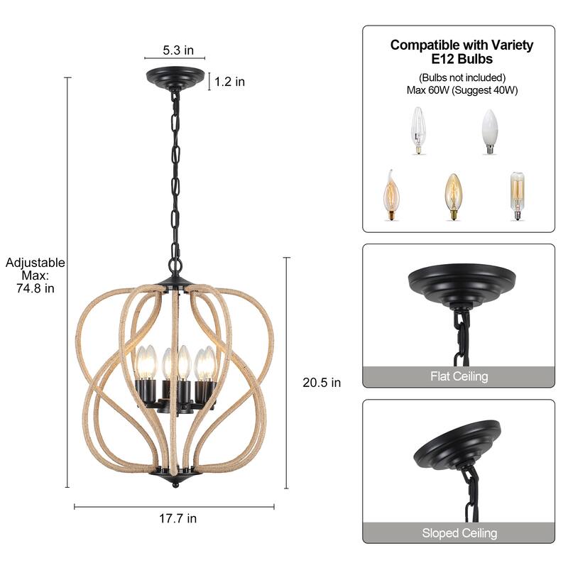 6-Light Rustic Rope - Wrapped Metal Chandelier, Adjustable Height, E12 Bulb Compatible - Matte Black