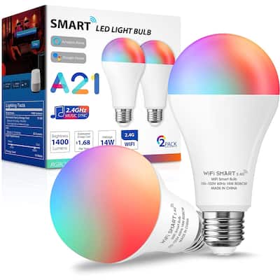 100-Watt-Equivalent A21 WIFI Dimmable RGBCW Color Changing Smart LED Bulbs in 6500K (2-Pack) - White - 5.31 in.