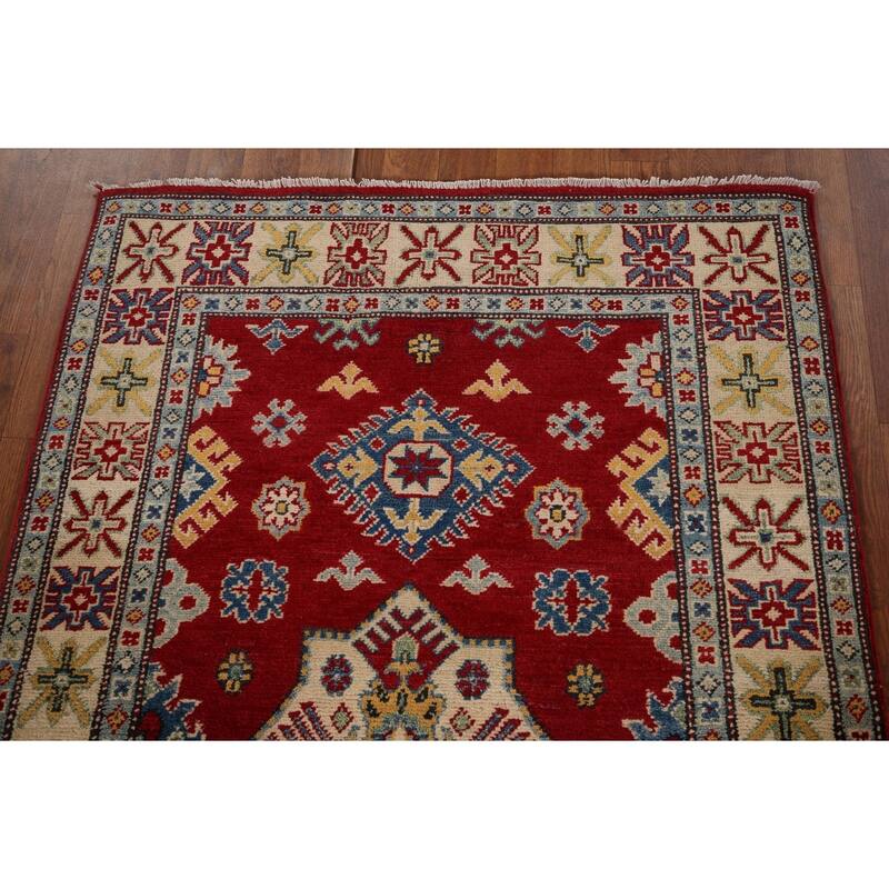 Red Geometric Kazak Accent Rug Handmade Traditional Wool Carpet - 3'5" x 5'0"