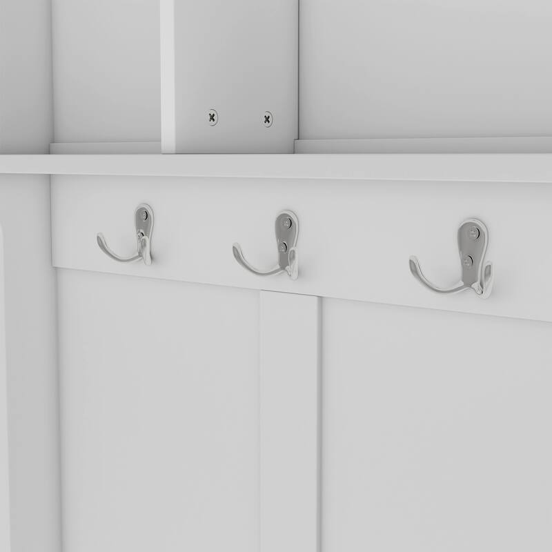 Roomfitters Modern Hall Tree with Metal Hooks and Shoe Cubbies, Multi-Functional Entryway Coat Rack with Storage Shelves