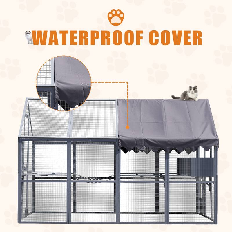 Roomfitters Outdoor Cat House, Large 110" Kitten Playpen with Platforms and Upgrade Waterproof Cover, Grey