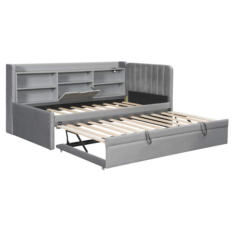 Twin Size Upholstered Daybed with Trundle, Storage Shelves, USB & Outlet (Gray)