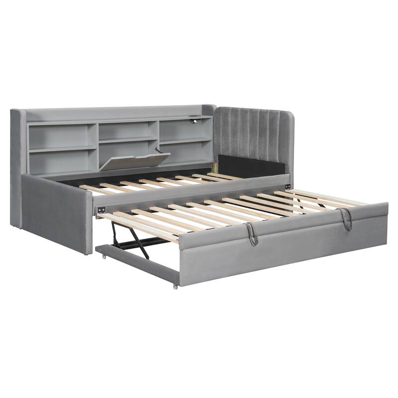 Twin Size Velvet Upholstered Daybed with Trundle, Storage Shelves, USB & Outlet