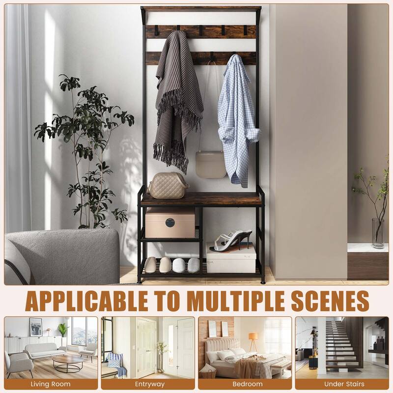 Costway 3-in-1 Coat Rack Industrial Hall Tree Shoe Bench Entryway - See Details