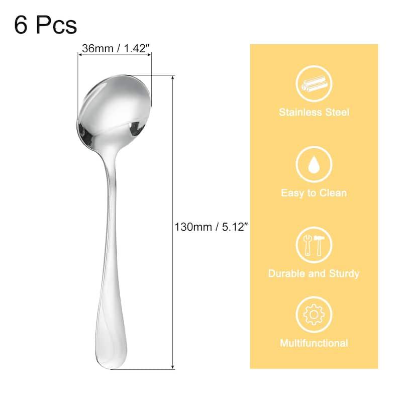 6Pcs 5.1" Stainless Steel Soup Spoon Tea Spoons Round Dinner Spoons - Silver - Silver