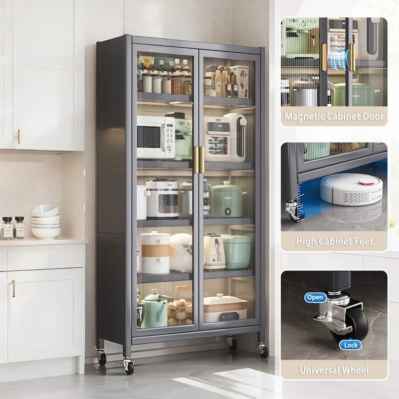 65" Kitchen Pantry Storage Cabinet on Wheels, 6 Tier Metal Display Storage Cabinet with Transparent Door & Adjustable Shelves