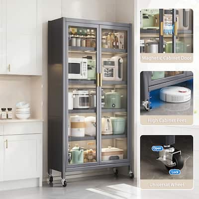 Kitchen Pantry Storage Cabinet with Wheels, 6 Tier Metal Buffet Cabinet with Transparent Door & Adjustable Shelves