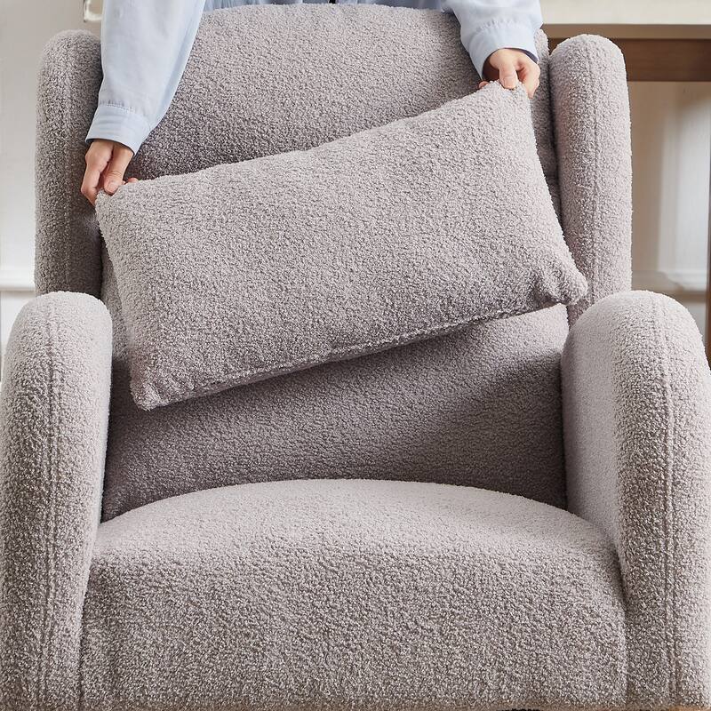 Grey Modern Upholstered Rocking Chair with Sturdy Thickened Rubber Wood Base and Side Pocket