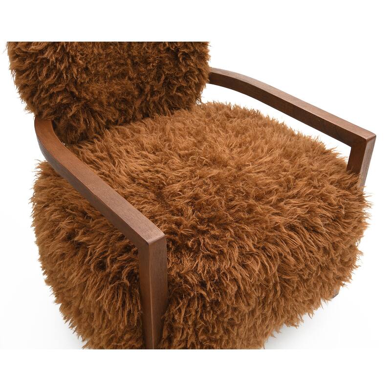 1pc Accent Chair Raked Wooden Arms Tight Back And Seat Soft Faux Fur Contemporary Living Room Furniture