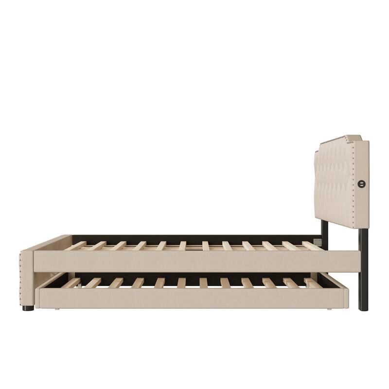 Linen Upholstered Platform Bed Button-Tufted Headboard Wood Panel Bed Frame with 2 Drawers or Trundle Bed, USB on Both Sides
