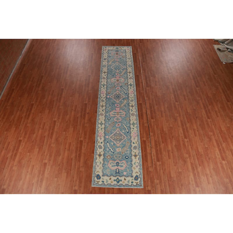 Hand Knotted Oriental 100% Wool Carpet Transitional Geometric Navy Blue & Blues Oushak Runner Rug - 14' 1'' X 3' 2''