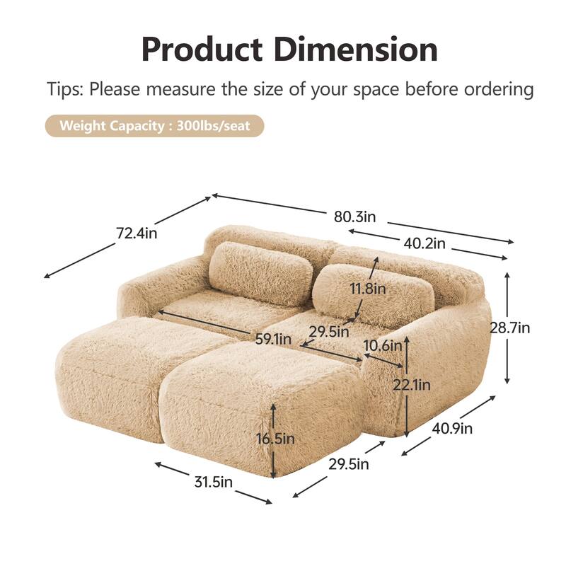 80" Floor Loveseat Modular Sectional Sofa, Plush Fabric Boneless Couch Set with 2 Ottoman