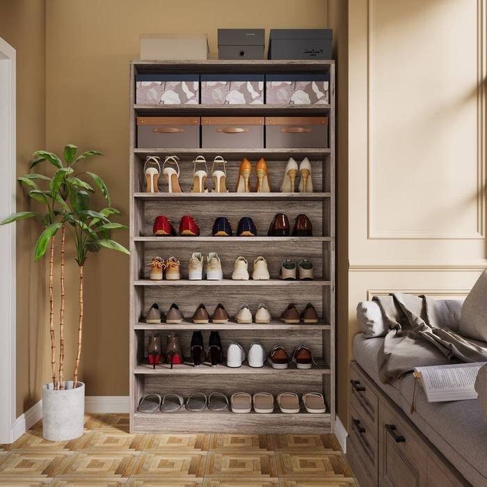 Grey Wood 9-Tier Shoe Cabinet with Adjustable Shelves for Storage - 11.81"D x 31.50"W x 70.86"H