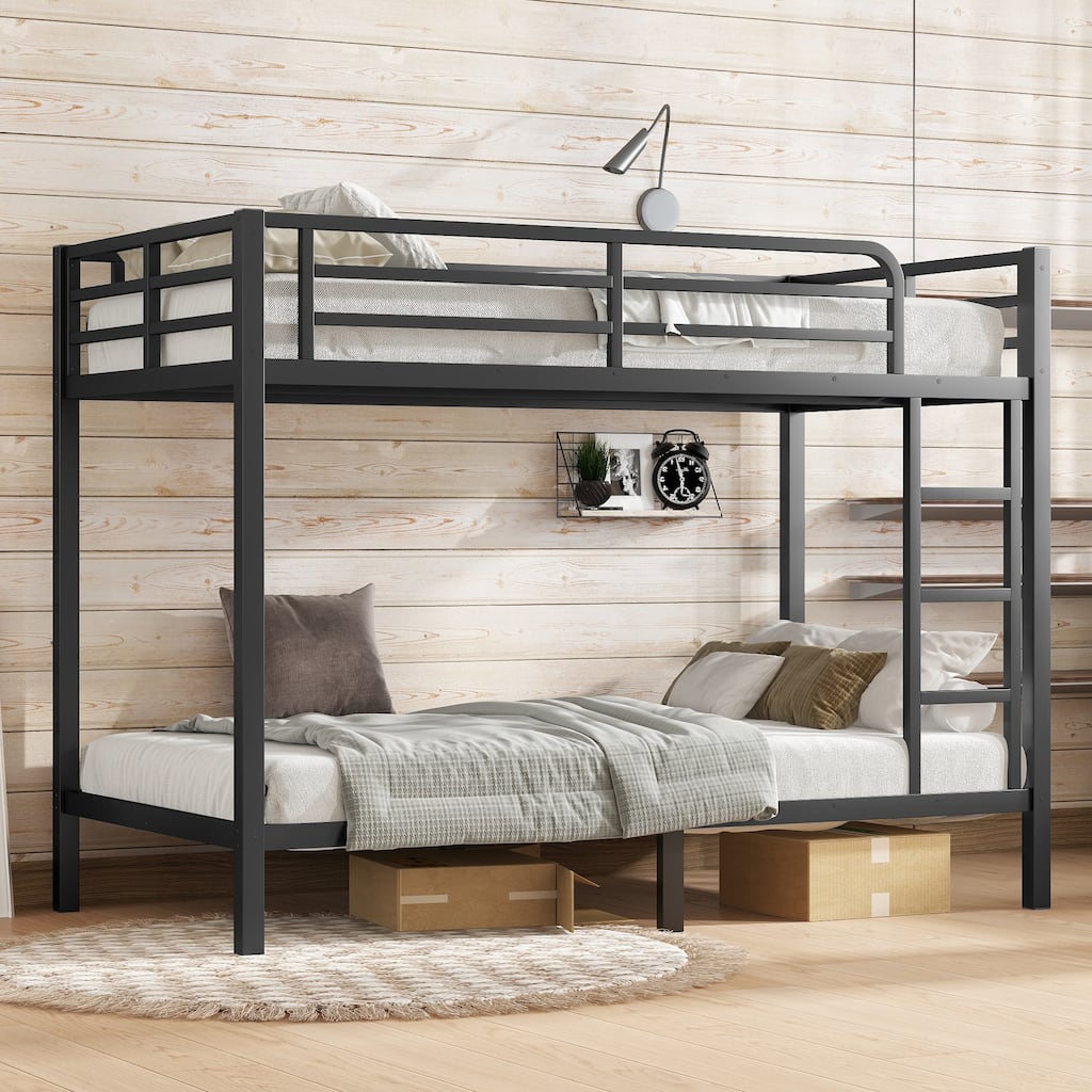 Roomfitters Metal Twin/Full Bunk Bed Frame with Ladder & Safety Rail, Heavy-Duty Space-Saving Design, Black
