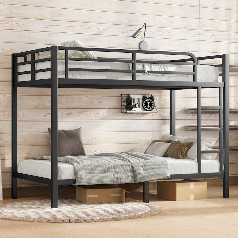 Twin XL over Twin XL Bunk Bed, Noise Free Metal Bed Frame with Safety Guardrails, Ladder and Under Bed Storage, Space-Saving