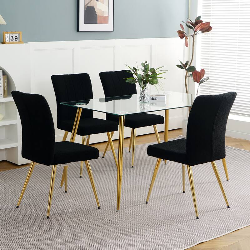 Modern Black Teddy Wool Dining Chairs Set of 4, Upholstered Chair with Fabric Accent Side Chair, Side Chair with Gold Metal Legs - Black