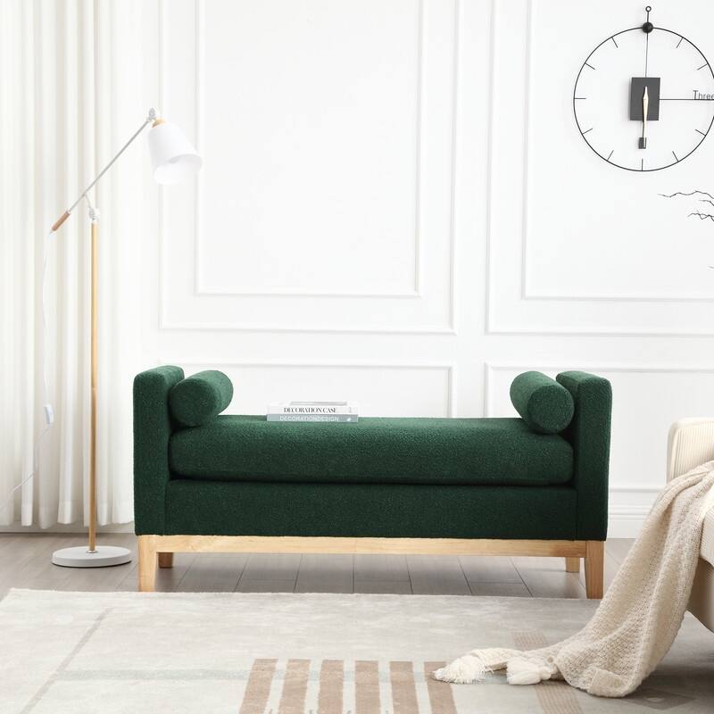 Upholstered Entryway Bench with Solid Wood Legs & Bolster Pillows