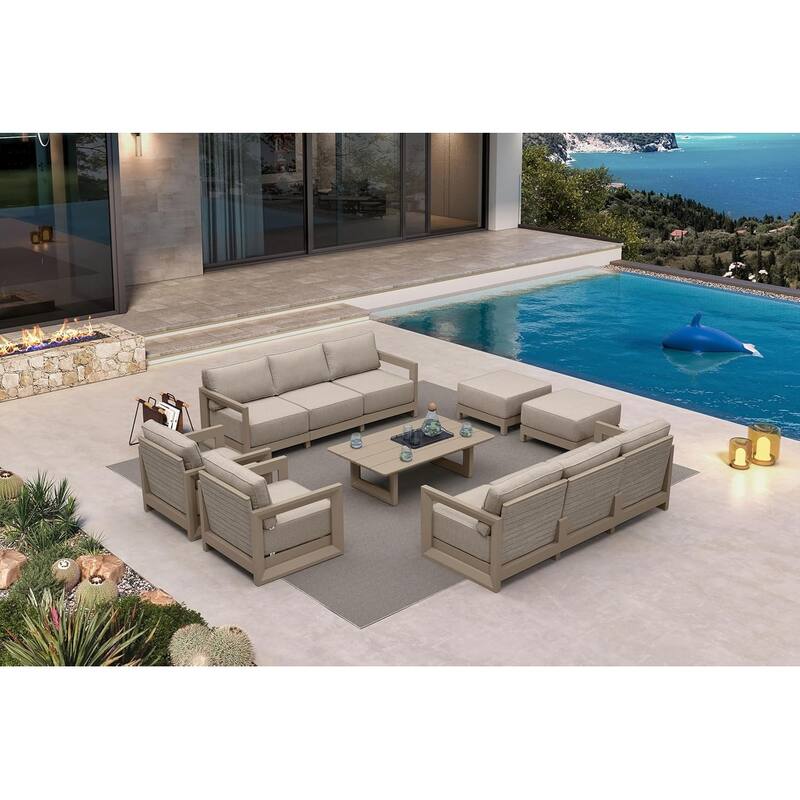 PURPLE LEAF Caesar Khaki Sofas Sectionals 4-18 Piece with 9.6" Thick Cushion for Yard Porch Deck Outdoor Patio Conversation Sets - 8 Seats+1 Table+2 Ottomans - Enclosed