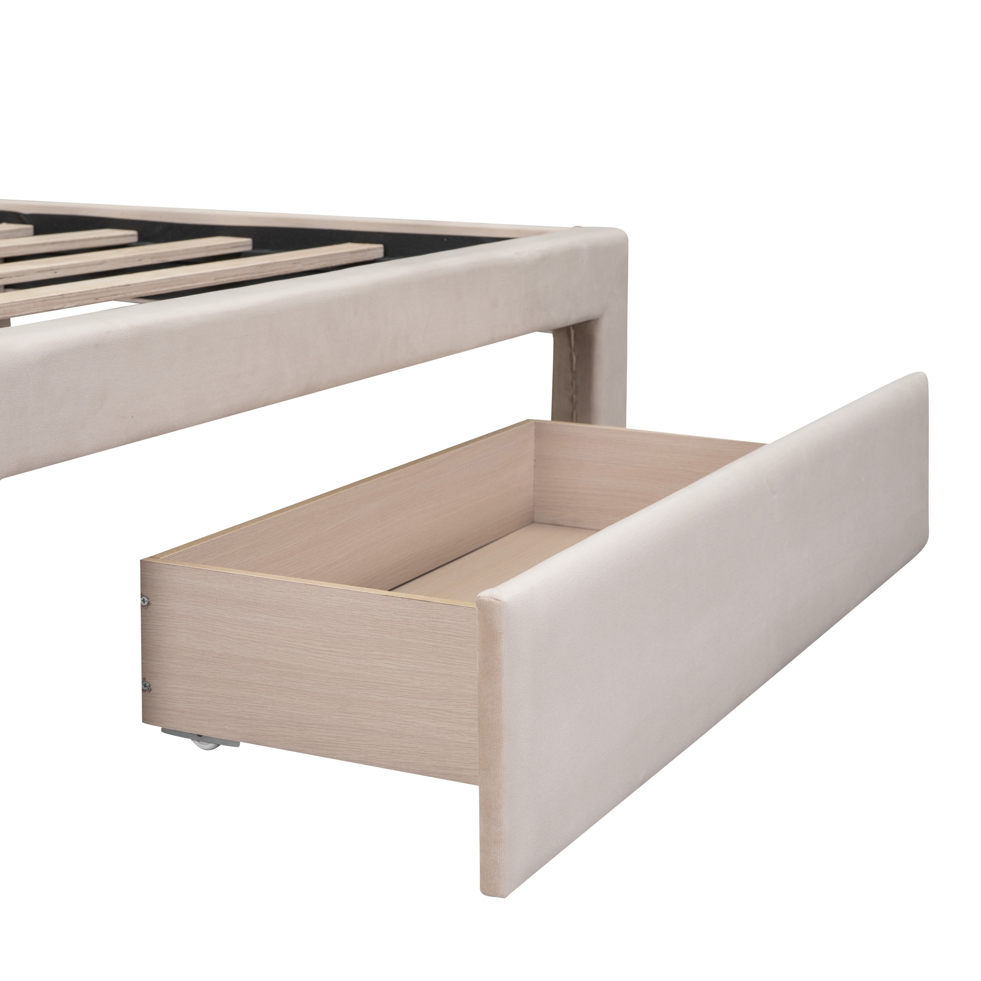 Queen Size Storage Bed Velvet Upholstered Platform Bed w/ A Big Drawer - Beige