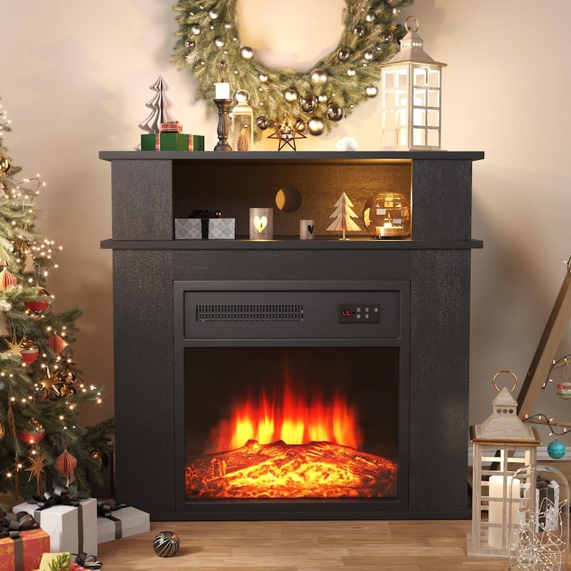 BOSSIN 28" Electric Fireplace with Mantel, 18 inch Electric Fireplace Insert,Freestanding Mantel Fireplace with Storage Shelf - Black