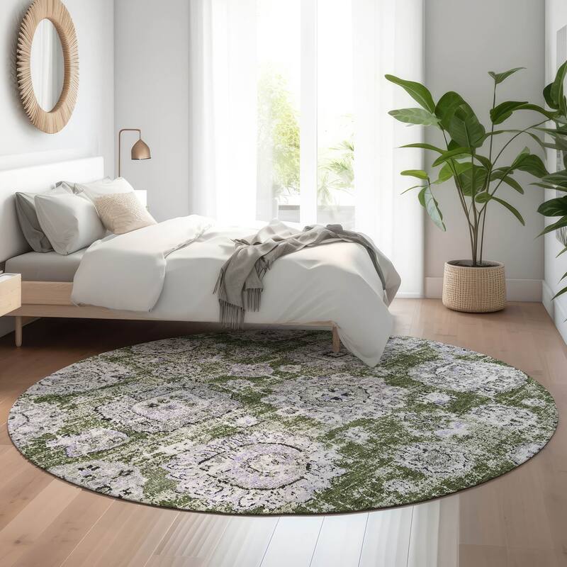 Premium Washable Super Soft Vintage Traditional Mayfield Rug - Olive - 8' x 8' - Round